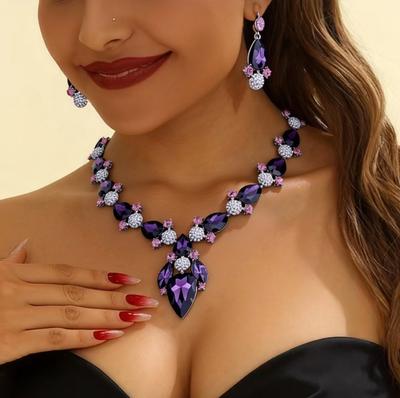 Set Exaggerated Crystal Necklace Earrings Two-Piece Set Alloy Electroplating Jewelry Accessories
