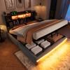 Upholstered Bed, 160x200cm, with USB C Charging Function, Headboard with Storage Compartment, Hydraulic Bed, without Mattress, With LED Lights, Grey