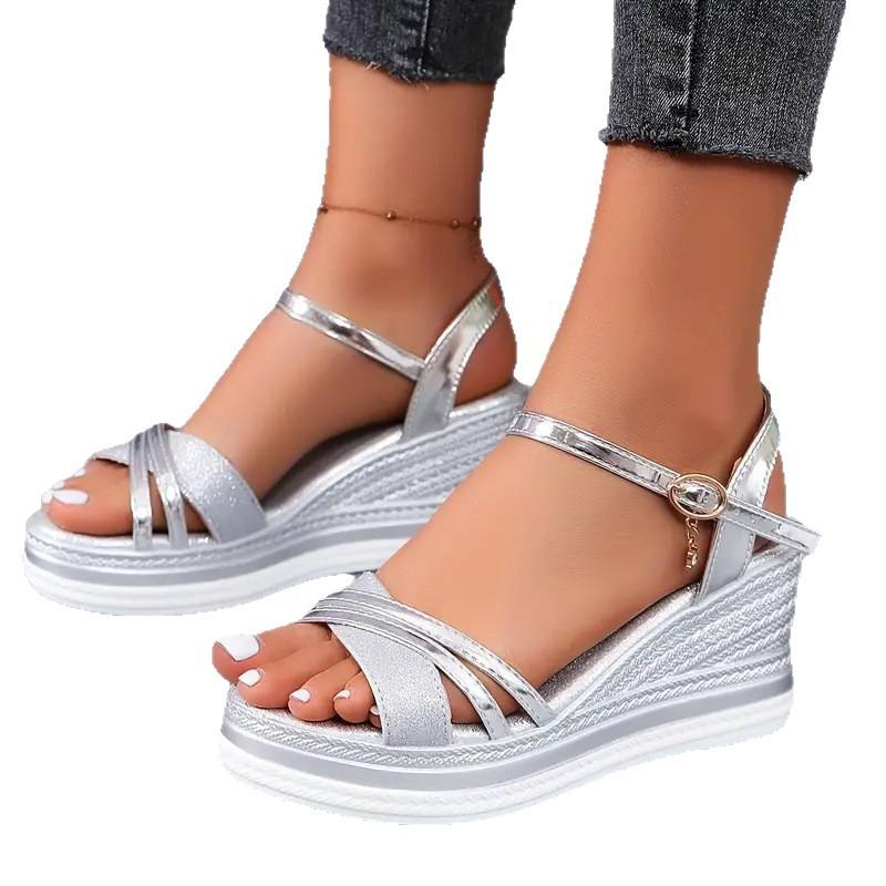 Foreign Trade Large Size Women's Sandals 2025 Summer New Fish Mouth Flat Bottom Wedge Heel One-word Buckle Fashion Women's Sandals