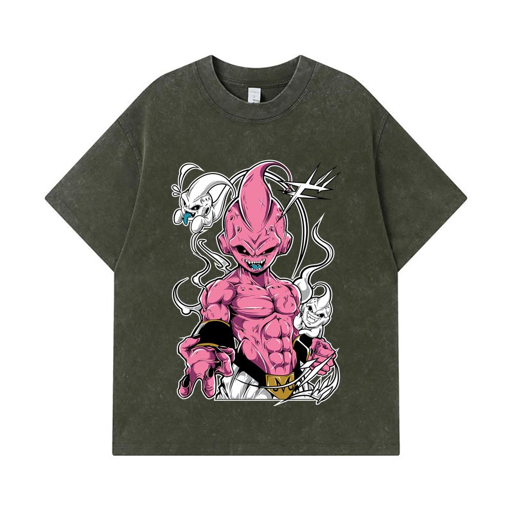 

275 GSM Washed T-shirts 100% Cotton Dragon Ball V12 Majin Buu Print Unisex Heavy Cotton T Shirt S армия зеленый