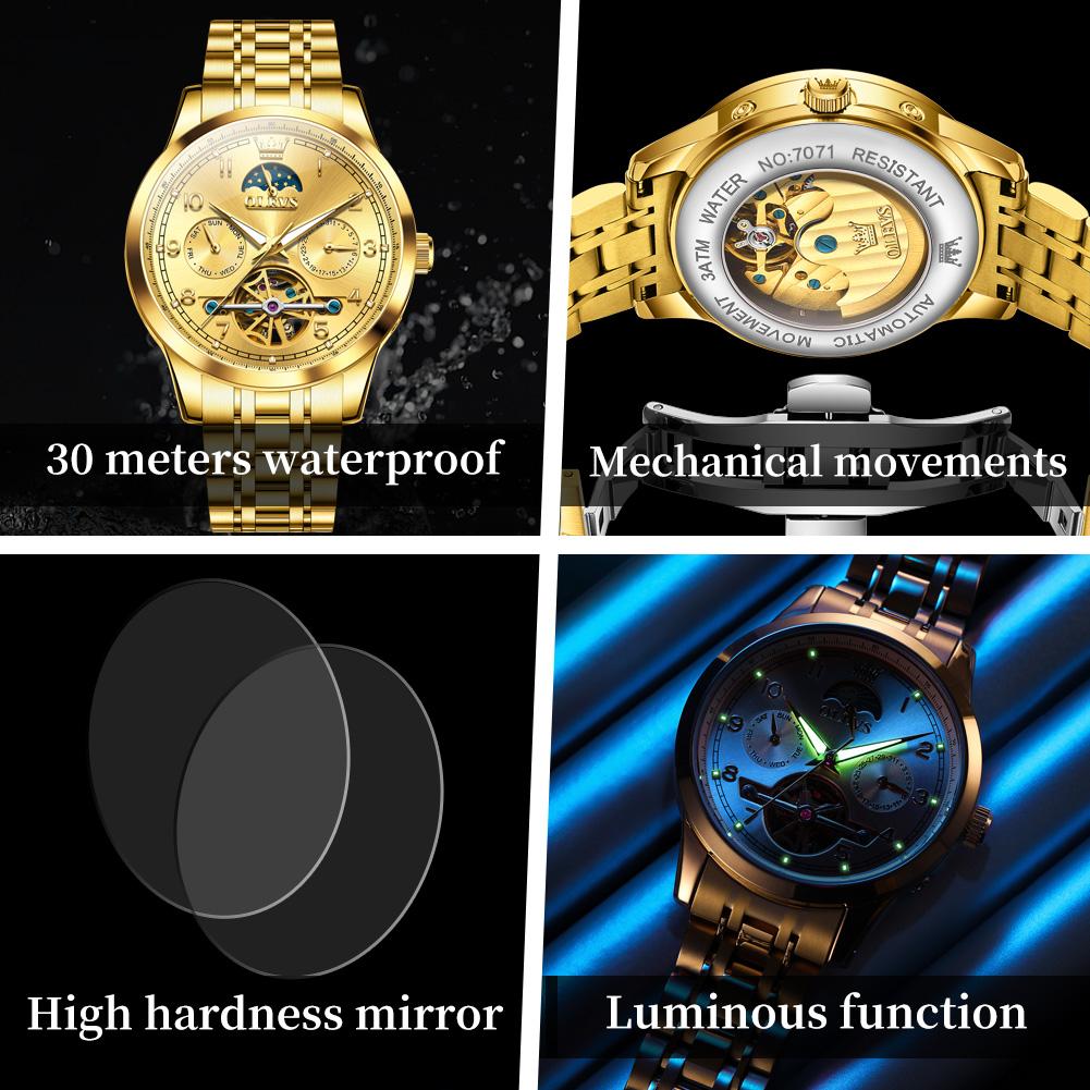 OLEVS Men's Watches Top Brand Luxury Original Automatic Mechanical Wristwatch for Man Moon Phase Date Week Flywheel Waterproof