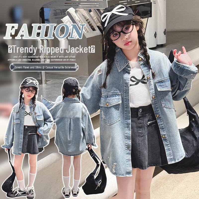 Big Girls' Fashion-Forward Distressed Denim Shirt Jacket - Spring/Autumn 2025