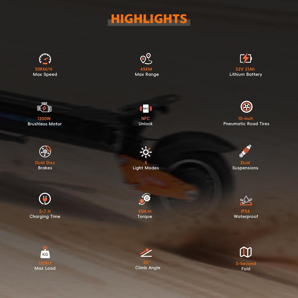 Halo Knight T102 Electric Scooter 10 Inch Tires 1200W Motor 52V21Ah Battery 50km/h Max Speed 45km Max Range Dual Suspensions