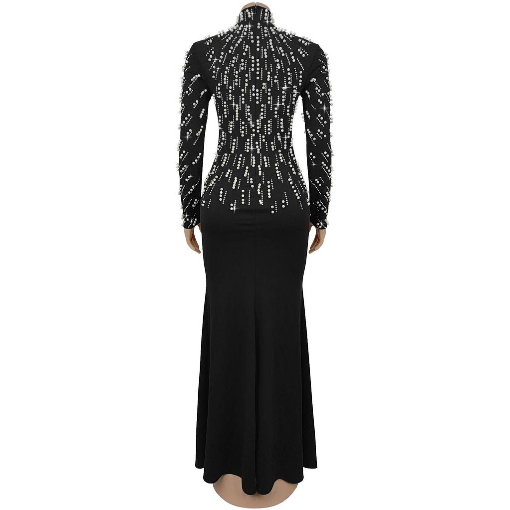 European & American Fashion Women's Long-Sleeve Beaded Bodycon Dress