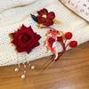 Retro Chinese Style Hair Stick Tassel Pearl Hanfu Hairpin Elegant Red Flower Hair Clip  Girls