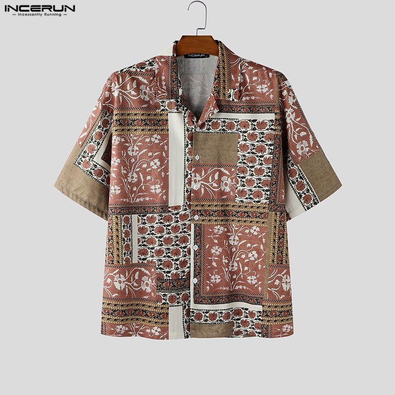 INCERUN Summer Men Lapel Neck Short Sleeve Print Beach Casual Holiday Hawaiian Shirts