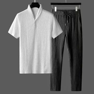 2Pcs/Set Men Summer Casual Outfit Lapel Short Sleeve T-shirt Elastic Drawstring Waist Long Pants Set Sportswear Set