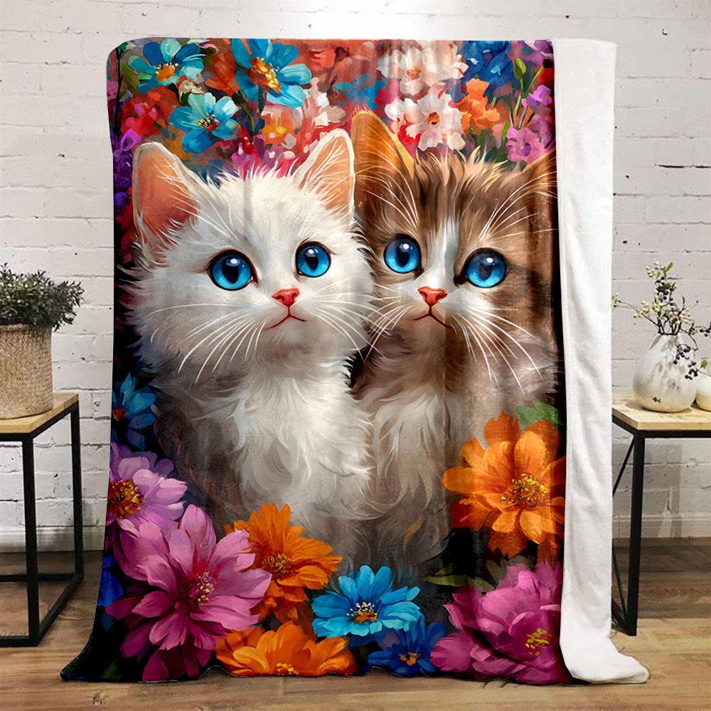 Two Cute Kittens in Flowers for all seasons blanket lunch break throw gift