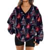 Women's Fashionable V-neck Christmas Printed Long Sleeved Casual Pullover Plush Warm Sweatshirt Top
