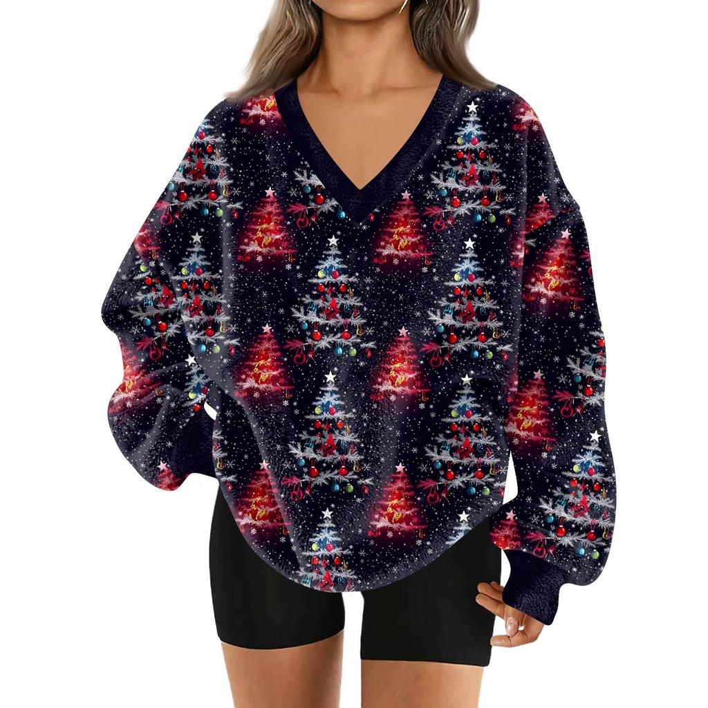 Women's Fashionable V-neck Christmas Printed Long Sleeved Casual Pullover Plush Warm Sweatshirt Top