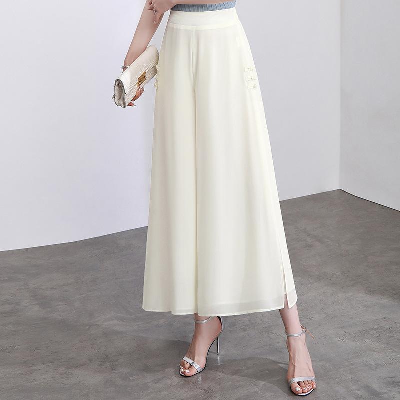 

Women s 2025 White High-Waist Slit Wide-Leg Chiffon Pants 4XL