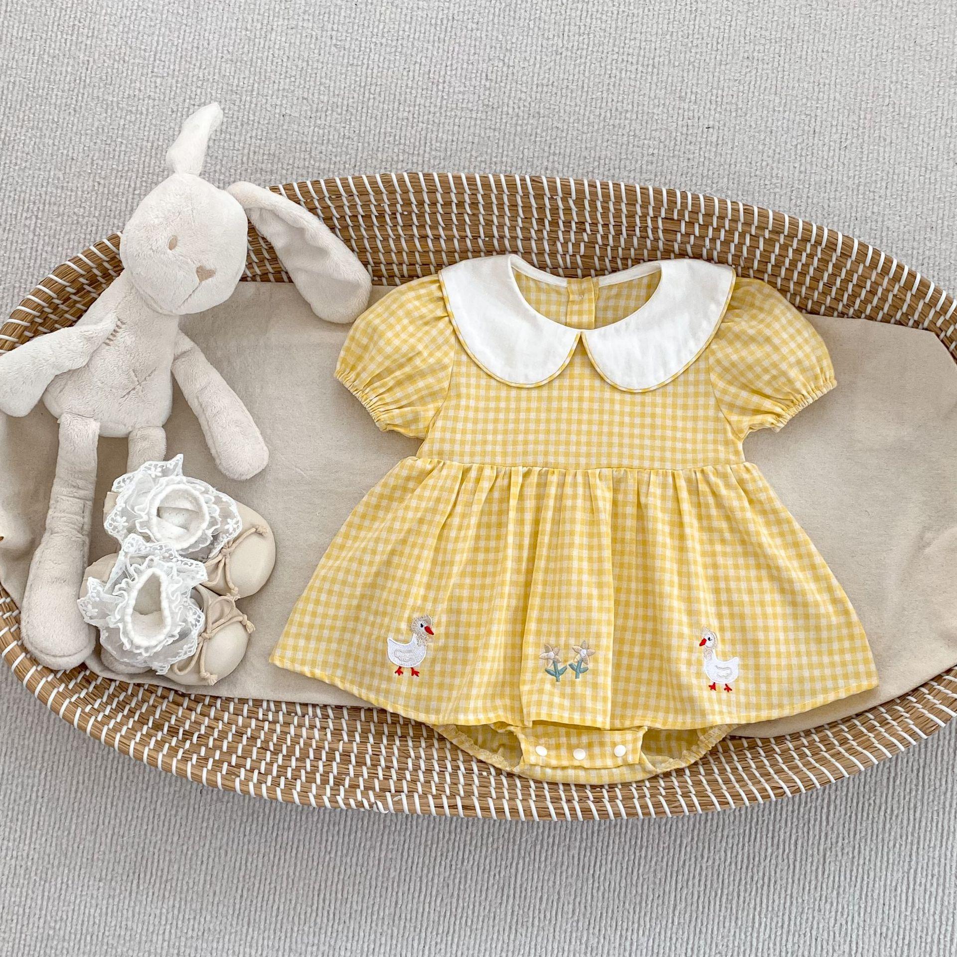 Baby Girl Summer Romper with Cute Embroidery and Checkered Design 66