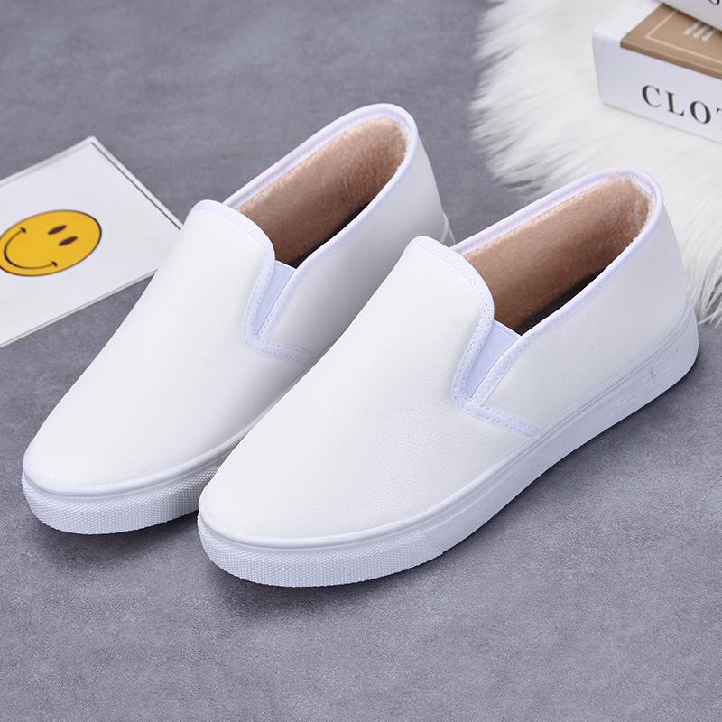 

Женские зимние кожаные и бархатные нескользящие водонепроницаемые туфли на плоской подошве из хлопка - теплые, удобные, универсальные повседневные кроссовки 44 Men s белый