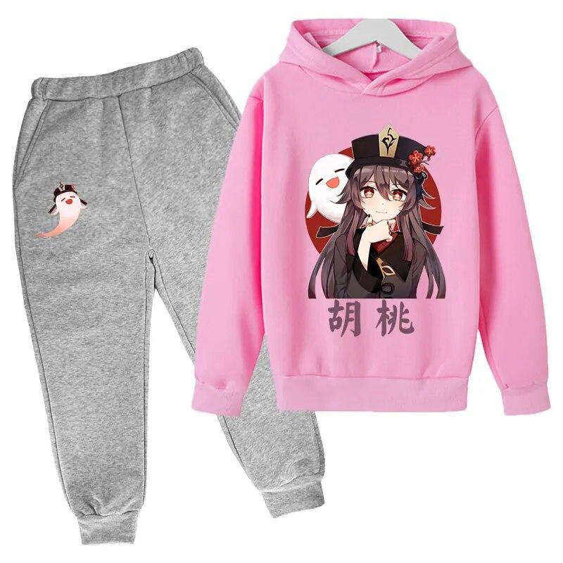 Anime Game Genshin Impact Printed Boys Girls Tracksuit Sets HuTao Pattern Hoodie + Pants 2pcs Sets Fashion Casual Unisex Clothing Children's Set