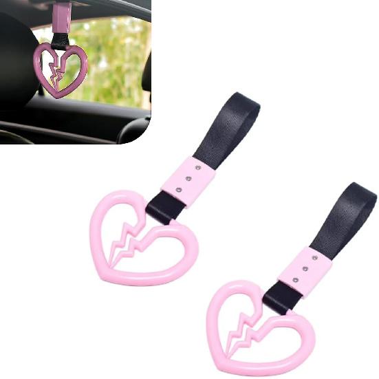 2 PCS Broken Heart Car Handle Strap, Drift Charm Handle Strap, Auto Heart Shape Rear Bumper Warning Hanging Ring, Fashion Love Decoration for Most
