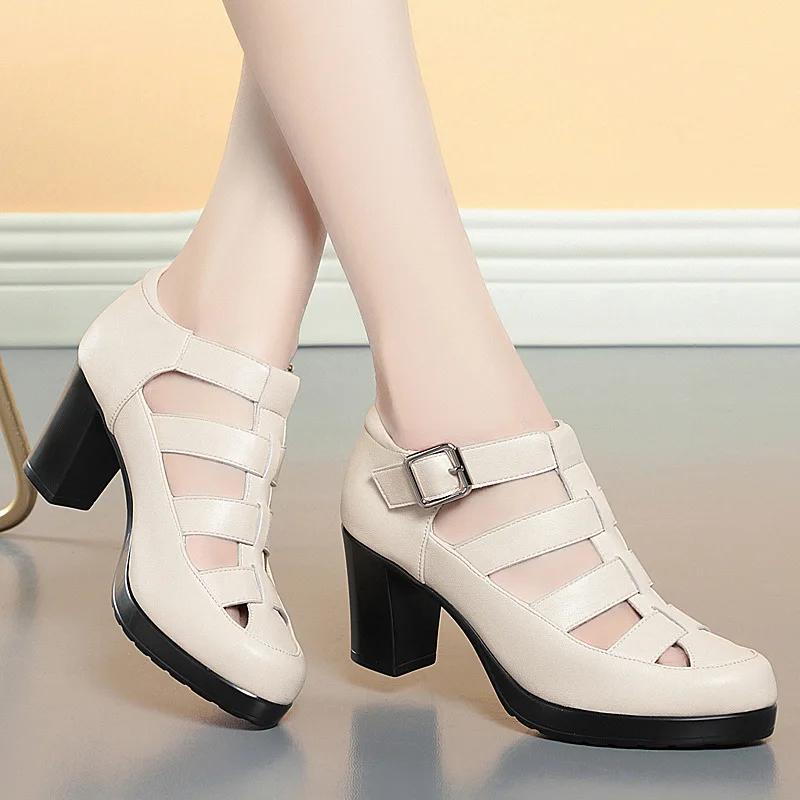 Pantofi cu platformă cu decupaje respirabile, cu capăt închis, 5,5 cm 7 cm, piele moale, Sandale Gladiator cu toc bloc, pentru birou, mamă, vara 2025