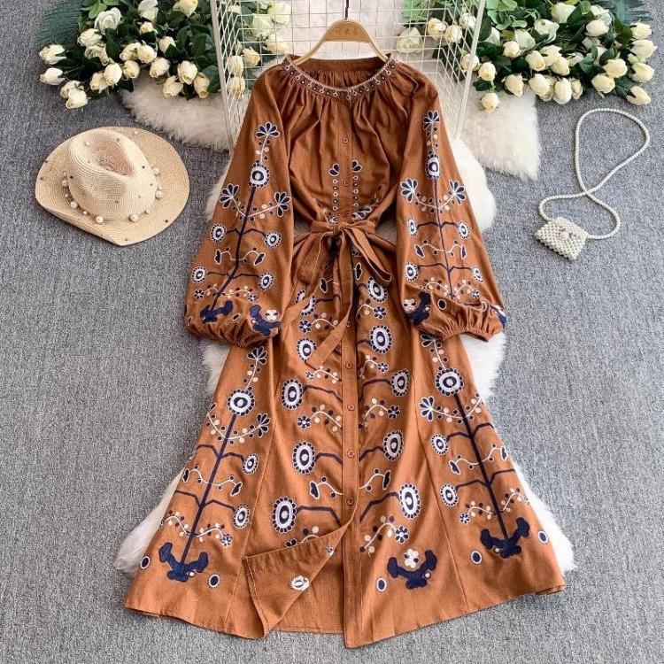 Vintage Embroidered Bandage Dress for Women Bohemian Lantern Sleeve Long Dress with Buttons Spring Autumn Vestidos Mujer