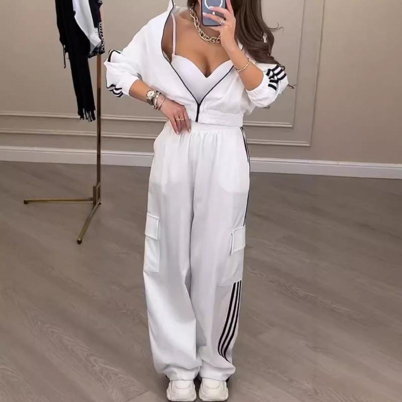 Damen Freizeit Trainingsanzug Set Langarm Gestreifte Jacke Hohe Taille Weite Beinhose Zweiteiliges Outfit