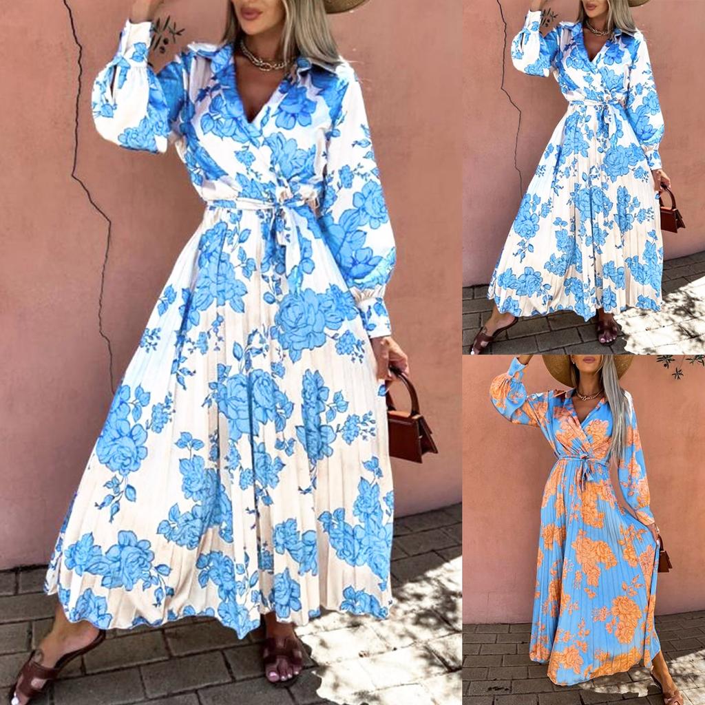 Women's Casual Fashion V Neck Long Sleeve Printed Pleated Dress Sundress