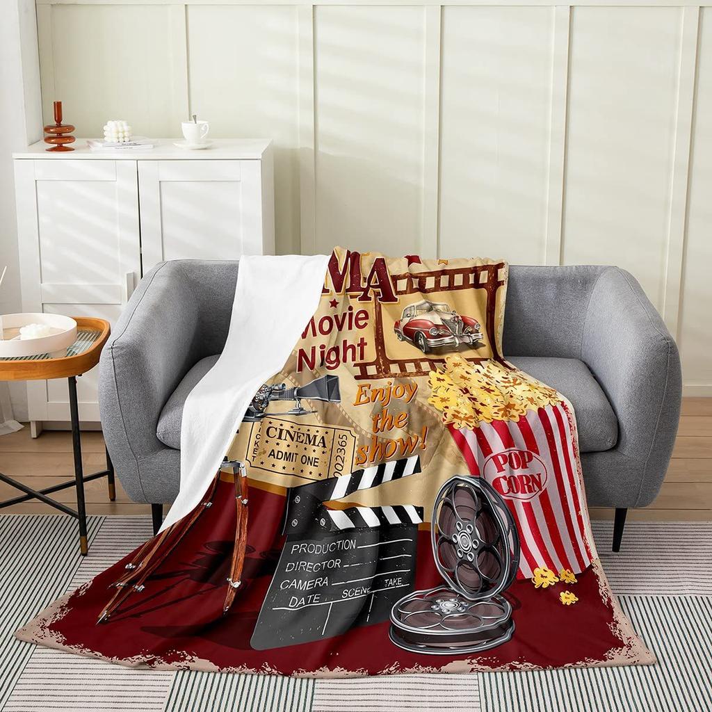 Movie Night Popcorn Printed Blanket for Sofa Bed Travel Camping Living Room Office Conditioning Blanket for All Seasons Gifts