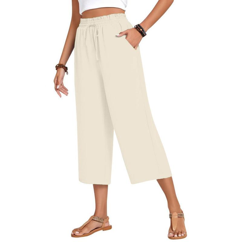 Women's High Waist Wide Leg Pants with Drawstring Elastic Waist in Multiple Colors