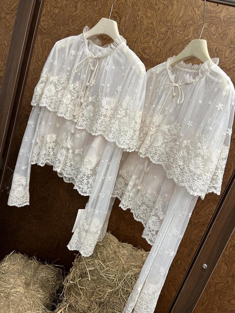 SE Designer 26 Spring Lace Shirt: Double-Layered, Sheer Mesh, Floral Embroidered Cape Cardigan