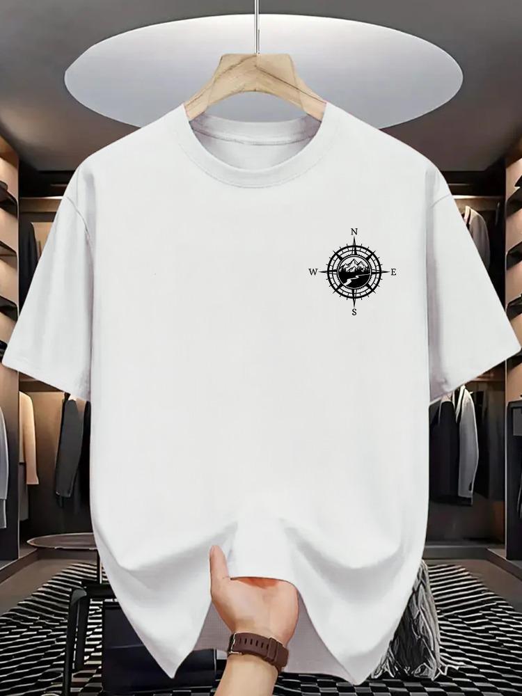 Unisex O Neck Tee Mountain Compass Navigation Mini Print Cotton Short Sleeve Loose Summer Breathable Daily Casual Basic Wear Top