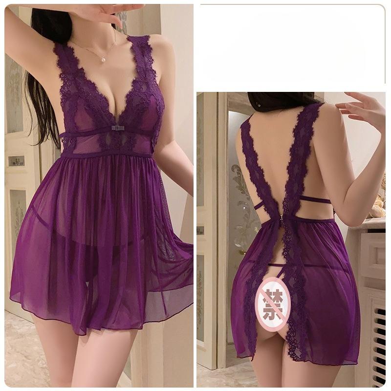 

Women’s Sexy Lingerie Lace Nightdress Set Sheer High-Slit Backless Camisole with Thong фіолетовий