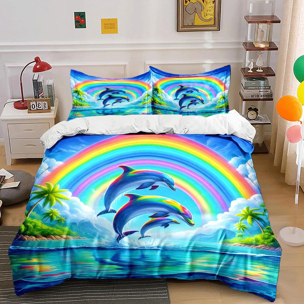 Dolphins Rainbow Tropical Island Decor Exquisite Three-Piece Bedding Set Gift For Kids And Adults