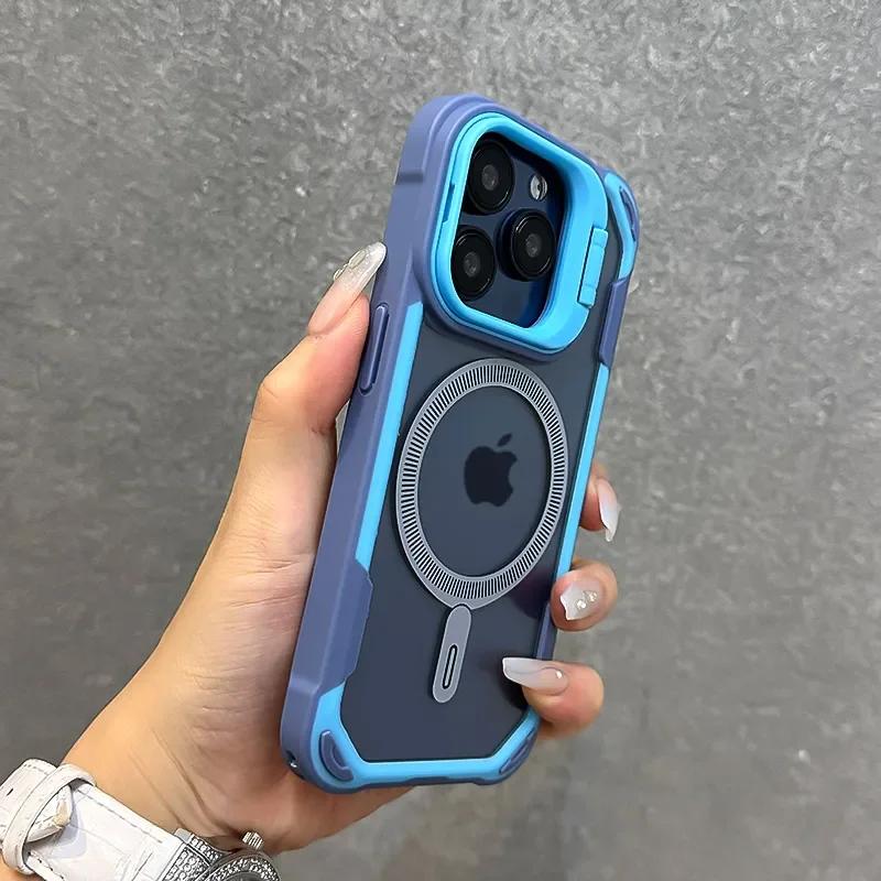 Armor Fold Lens Stand Protection Magsafe Case For iPhone 16 13 12 14 15 Pro Max Plus Magnetic Wireless Charging Shockproof Cover