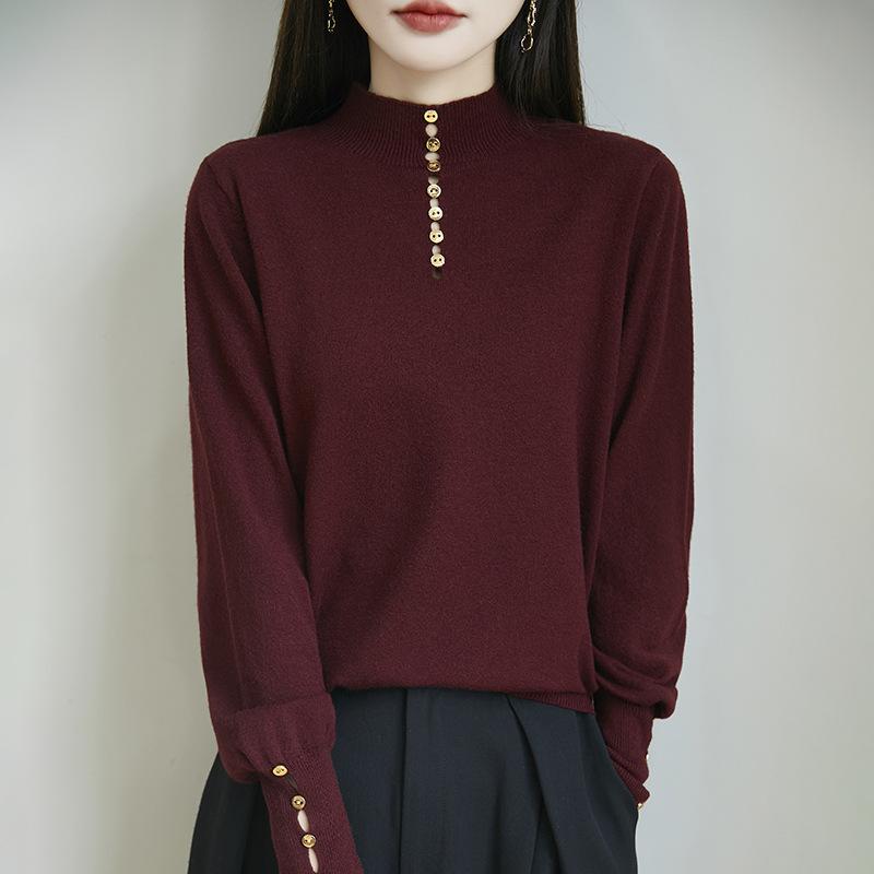 A Fashionable Semi-high Neck, Versatile Design Base Layer, Solid Color Loose and Warm Knitted Sweater for Women