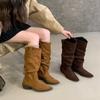 Pile Boots Vintage Suede Khaki Boots 2025 Women's Boots French Autumn Skinny Boots Thick Heel High Boots