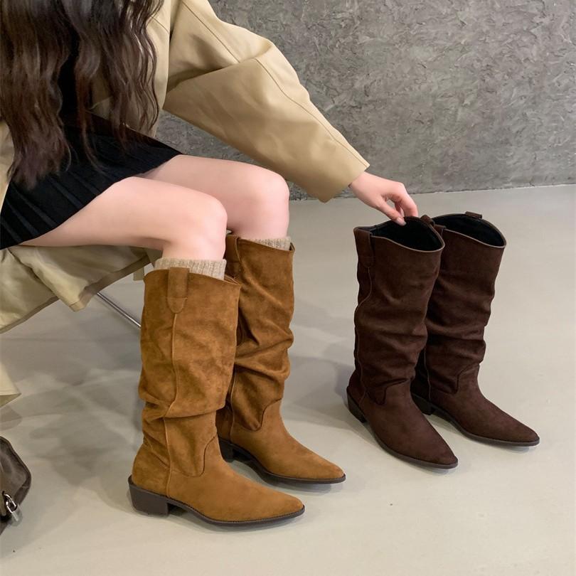 Pile Boots Vintage Suede Khaki Boots 2025 Women's Boots French Autumn Skinny Boots Thick Heel High Boots