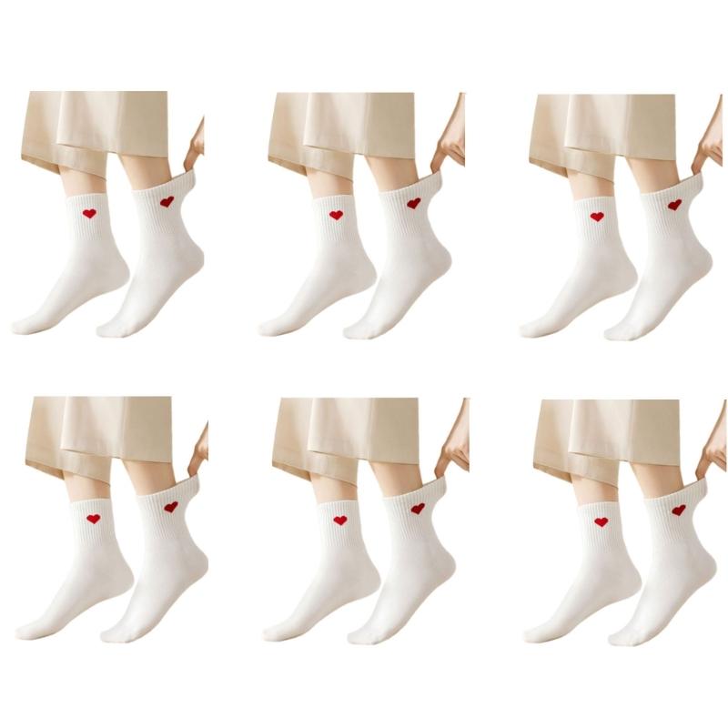 

6 Pairs Nonslip Middle Calf Cotton Socks With Heart Pattern Soft Practical Unisex Design Comfortable Socks For Daily Wear белый