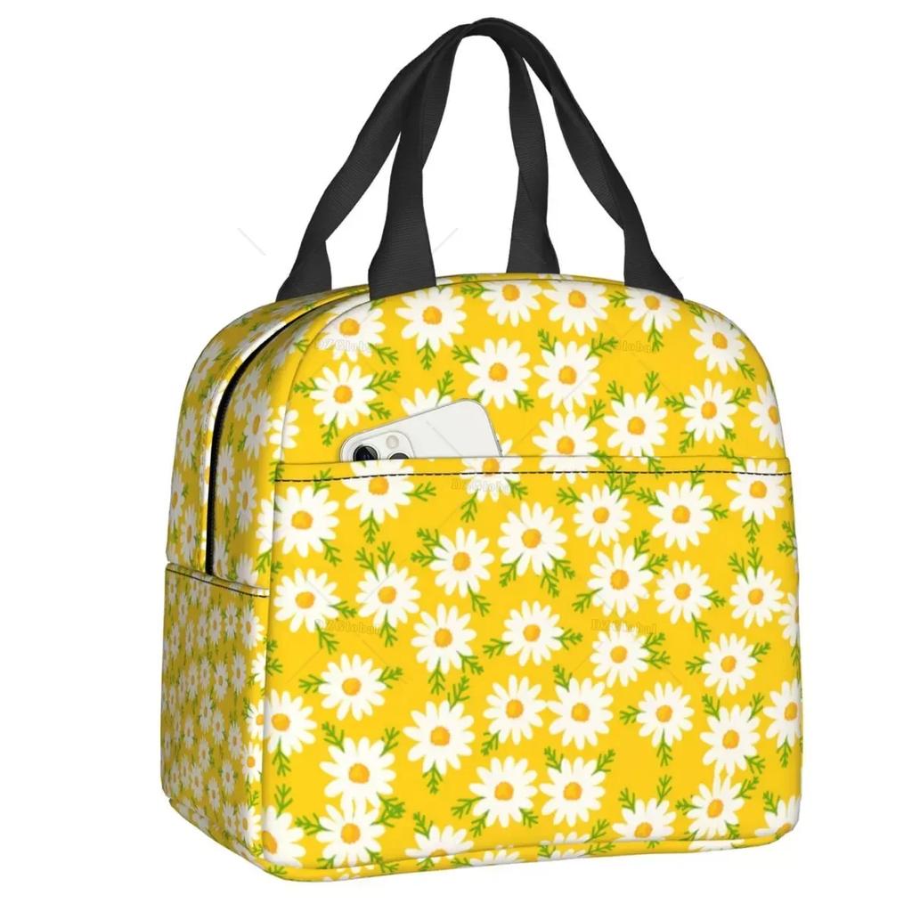 Floral Daisy Print Insulated Lunch Bag for Women Chamomile Flowers Cooler Thermal Lunch Tote Box Portable Picnic Food Bento Bags