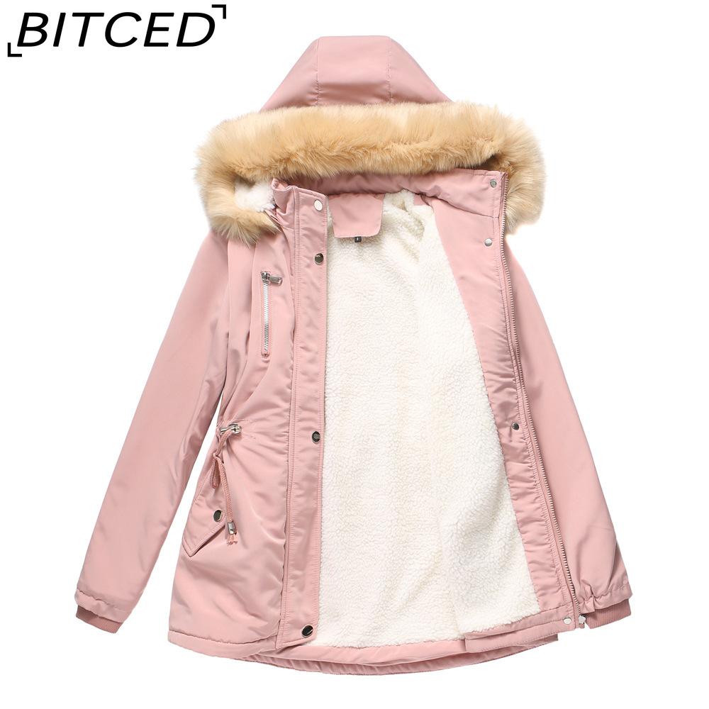 BITCED Autumn/Winter Women's Thickened Shearling-Lined Cotton Coat Loose-Fit Cotton Jacket with Detachable Hood and Fleece Lining