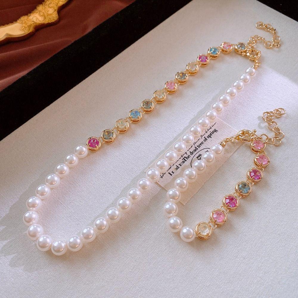 Beaded Pearl Rhinestone Necklace Luxury Women Jewelry Elegant Rainbow Zircon Bracelet  Lady