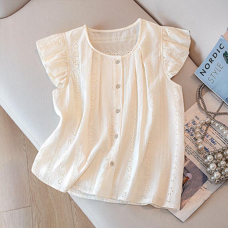 Silbeishi Women's 2026 Summer Flutter Sleeve Hollow-out Round Neck Blouse