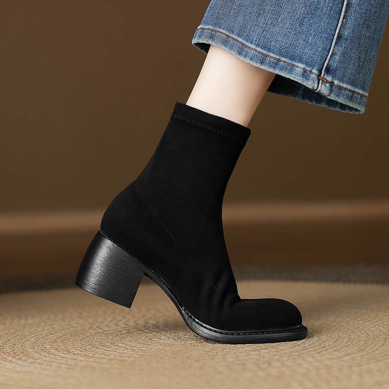 Krazing Po Flock Winter Round Toe Size 33 Western Boots Size 43 Thick High Heels Concise Style Ankle Boots