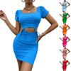 Women’s Square Neck Short Sleeve Bodycon Mini Dress with Side Cutout and Adjustable Tie Slim Fit Design