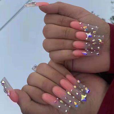 Uñas Postizas Usables Uñas Falsas Estilo Diamante Europeo y Americano Degradado Uñas Usables Estilo Largo Pegatinas para Uñas Extraíbles