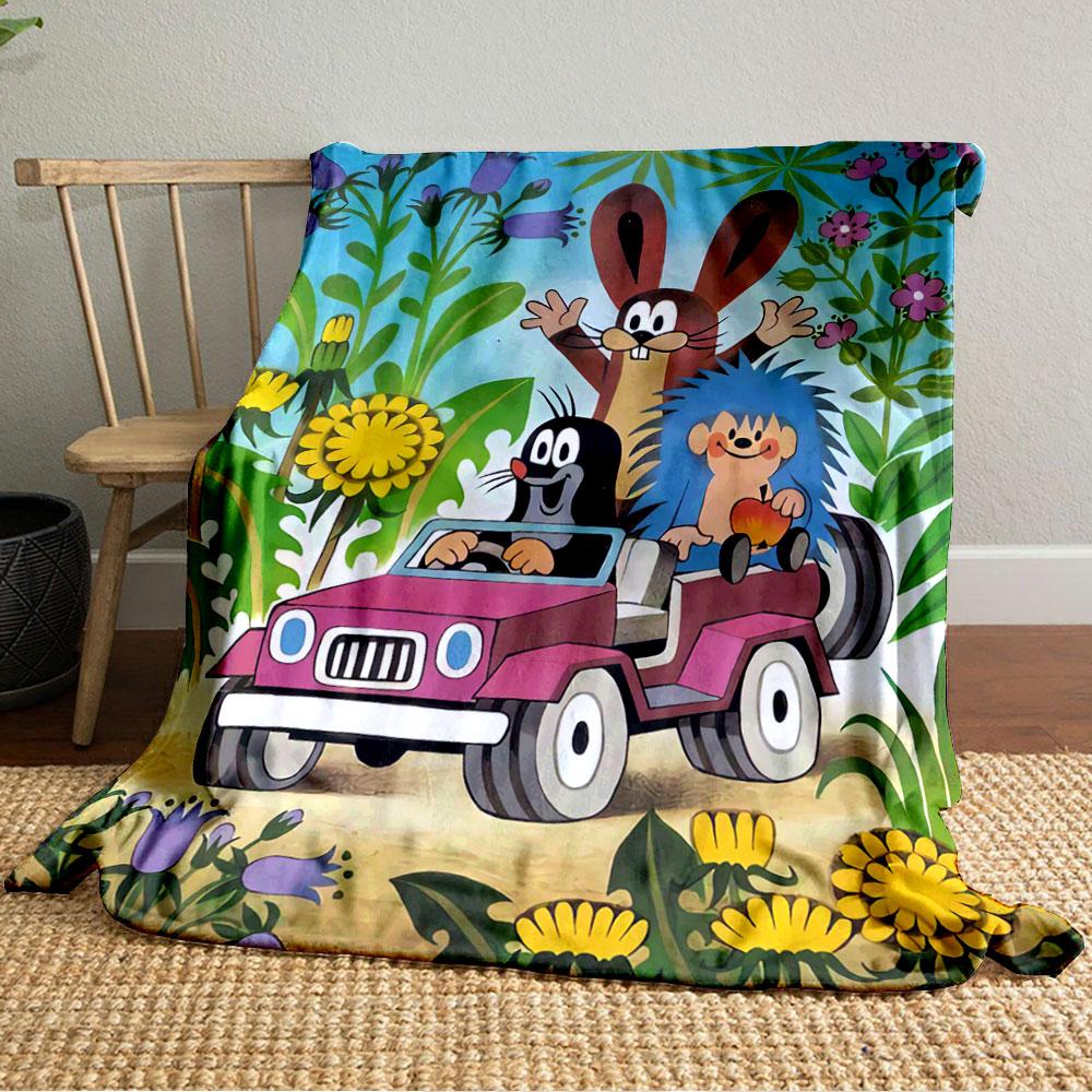 Cartoon animals in a pink car surrounded by vibrant flowers and plants. for all seasons blanket lunch break throw gift