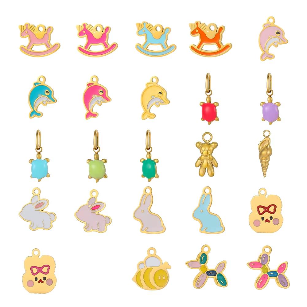3PCS/LOT CARLIDANA Enamel Turtle Rabbit Bear Charms, Colored Stainless Steel Pendants for Women DIY Necklace Jewelry