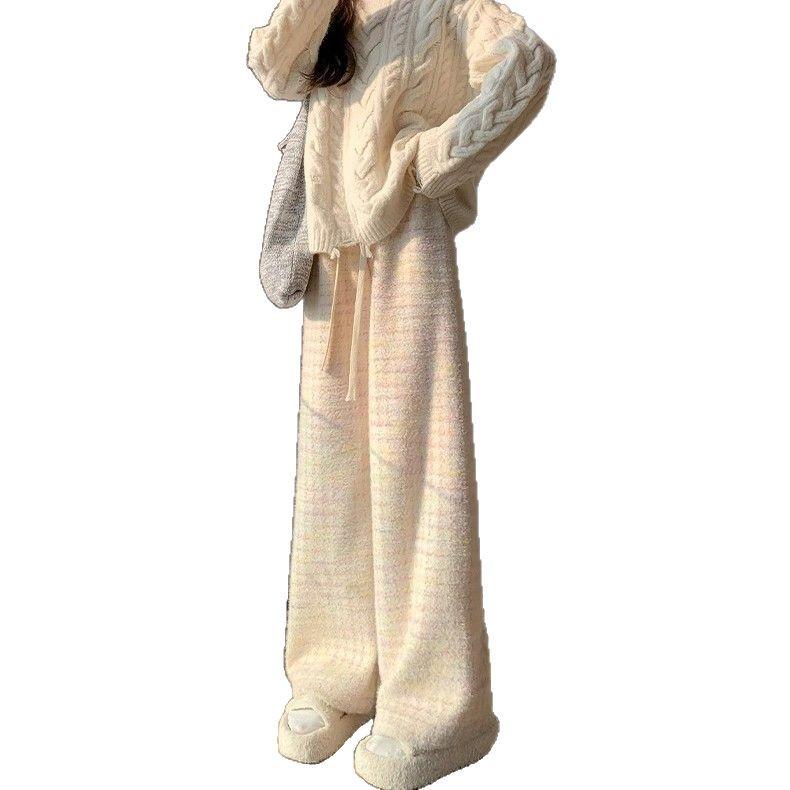 Women's High-Waist Plaid Houndstooth Velvet Pants - Coffee Blue, Wide-Leg, Wool Blend, Petite, for Autumn/Winter