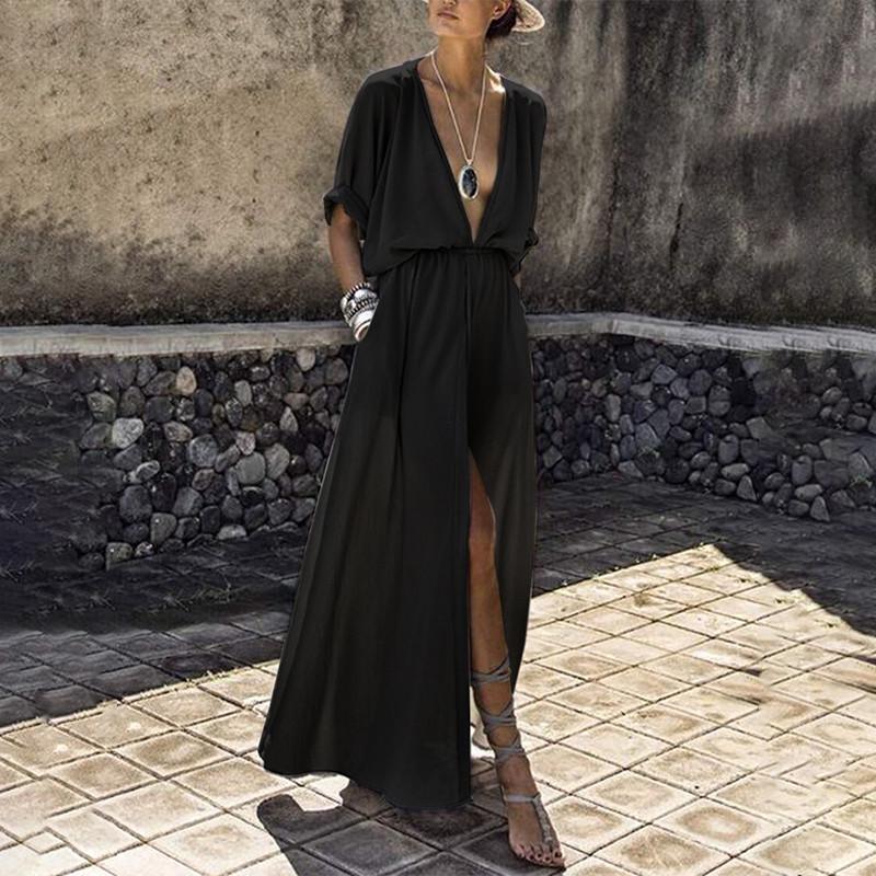 Buy Women Solid Deep V Neck Maxi Dress 
