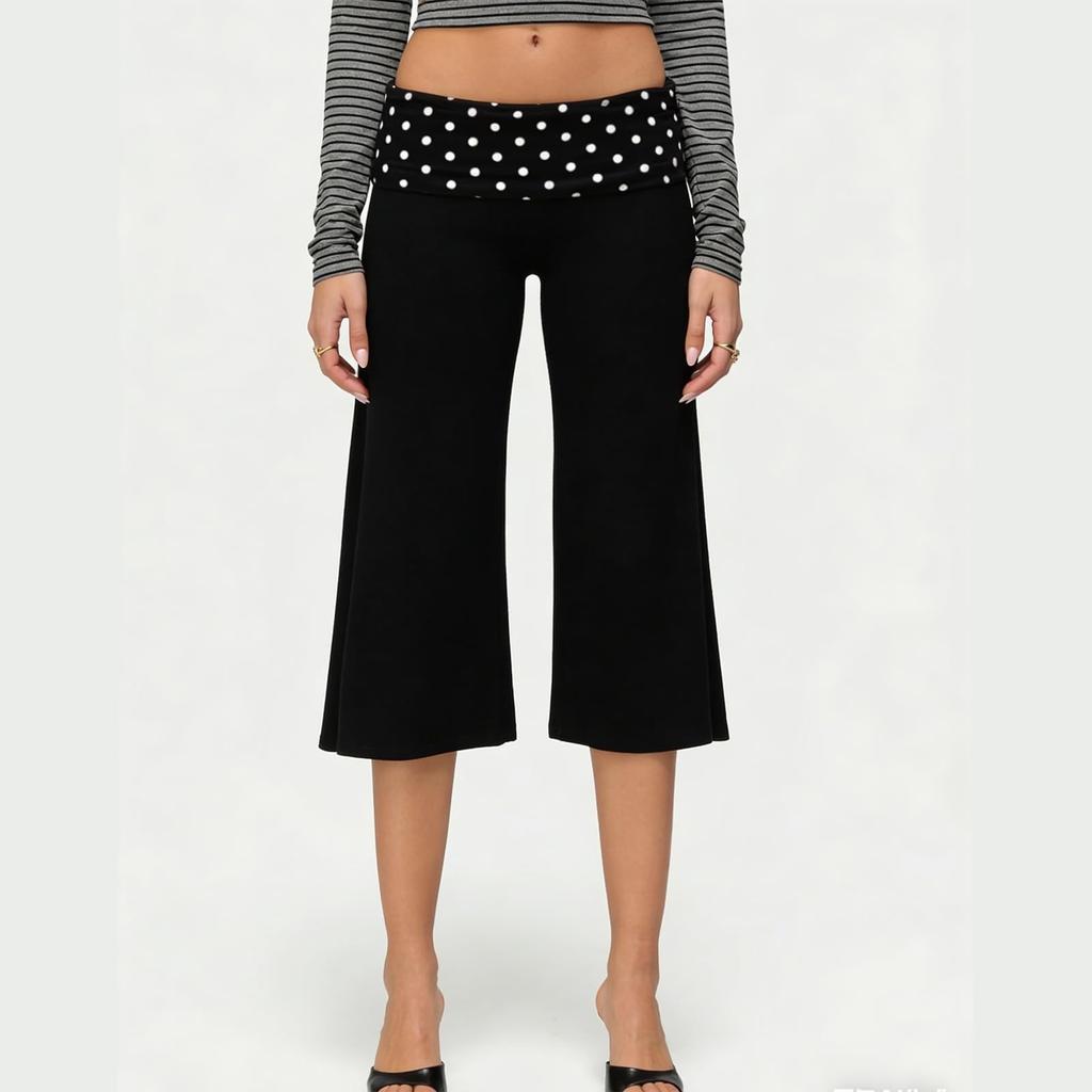 Women's Wide Leg Cropped Pants with Fold Over Polka Dot Waistband Soft Stretchy Knit Fabric Casual Loose Fit Trousers