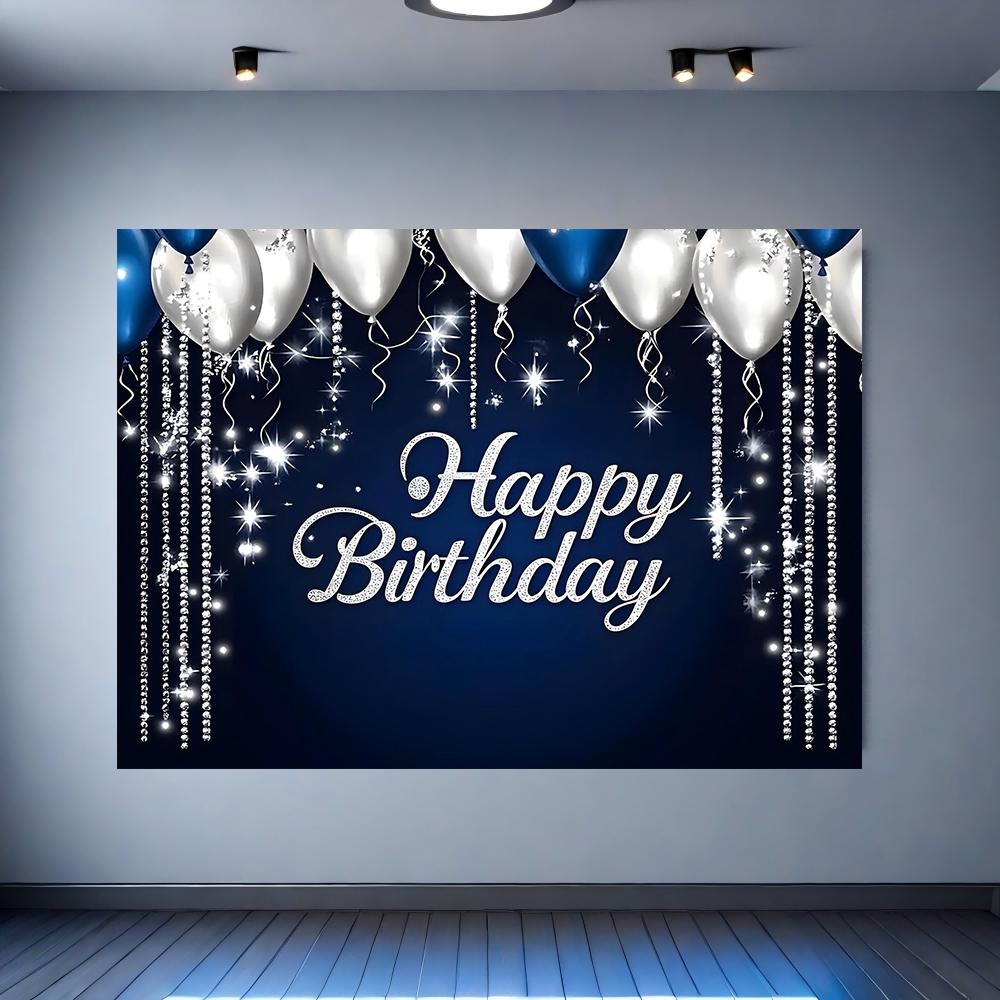 1pc Blue Silver Happy Birthday Background Banner Suitable for Birthday Parties Anniversaries Indoor and Outdoor Decoration