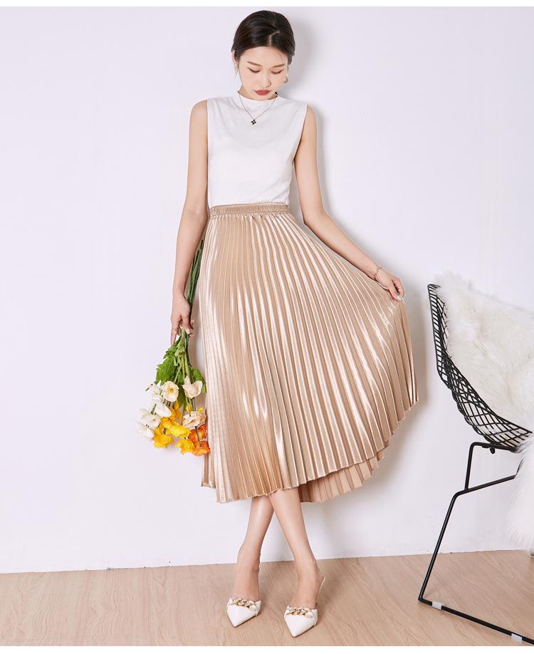Solid Color High Waist Satin Pleated Midi Skirt - Women's New Spring/Summer/Autumn 2023 Collection