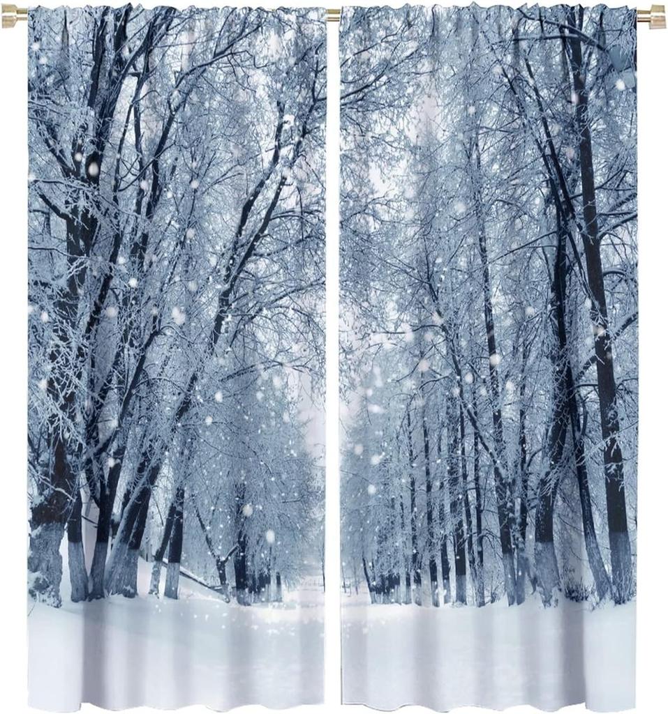 Winter Forest Curtain Natural Landscape Snow Covered Tree Window Curtains Living Room Bedroom Kitchen Office Cafe Blackout Polyester Ideal For Great