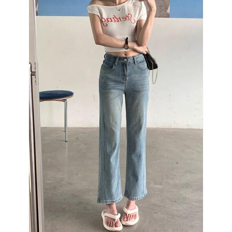 Kumikumi American Retro Worn Looking Washed-out Denim Women's Autumn Slimming All-Matching Youthful-Looking Straight-Leg Pants Cropped Pants